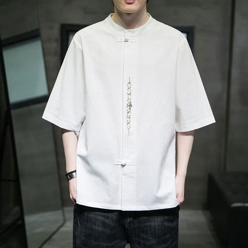 Chemise en coton à manches courtes pour homme avec broderie de boutons de grenouille et Buddha Stones - Blanc - US/UK/AU46，EU56 (5XL) - image 17