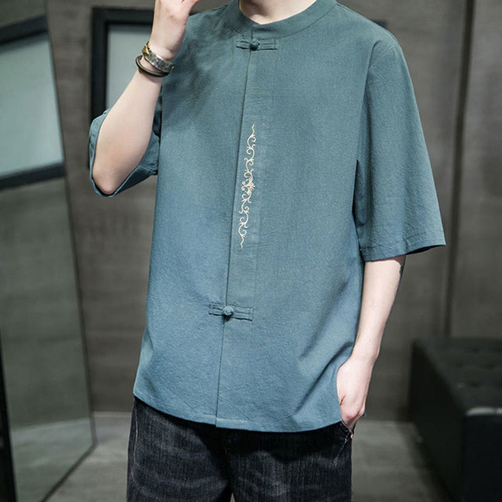 Chemise en coton à manches courtes pour homme avec broderie de boutons de grenouille et Buddha Stones - image 3