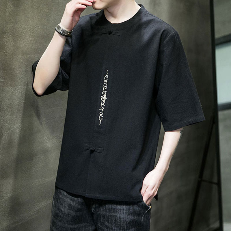 Chemise en coton à manches courtes pour homme avec broderie de boutons de grenouille et Buddha Stones - image 11