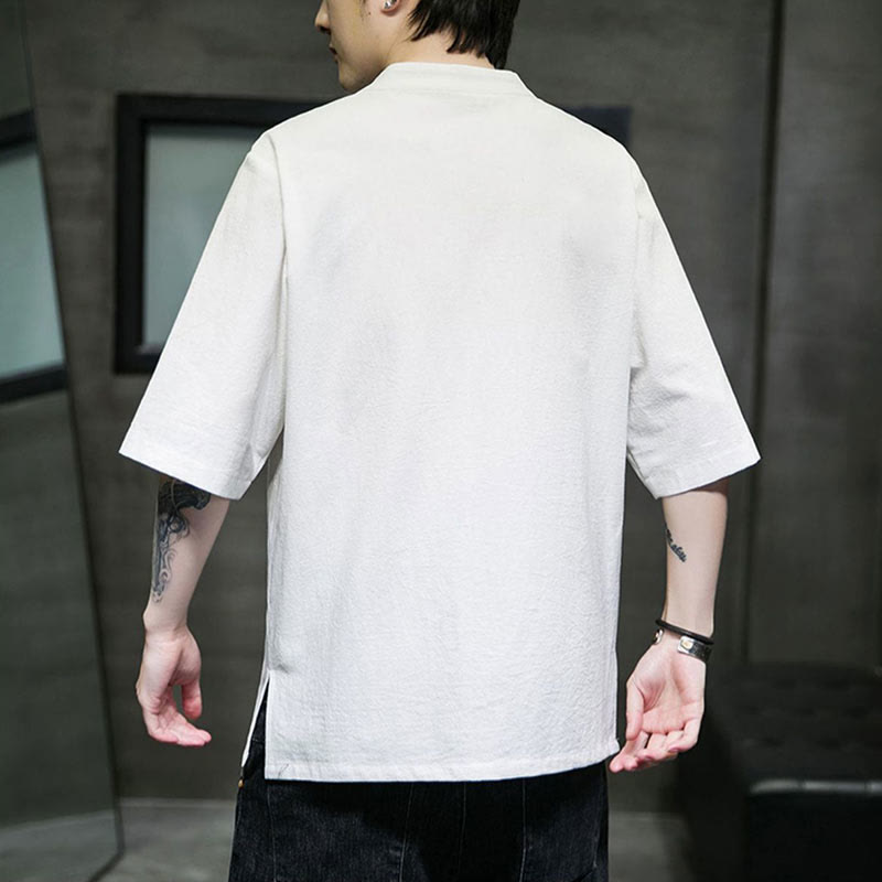 Chemise en coton à manches courtes pour homme avec broderie de boutons de grenouille et Buddha Stones - image 18