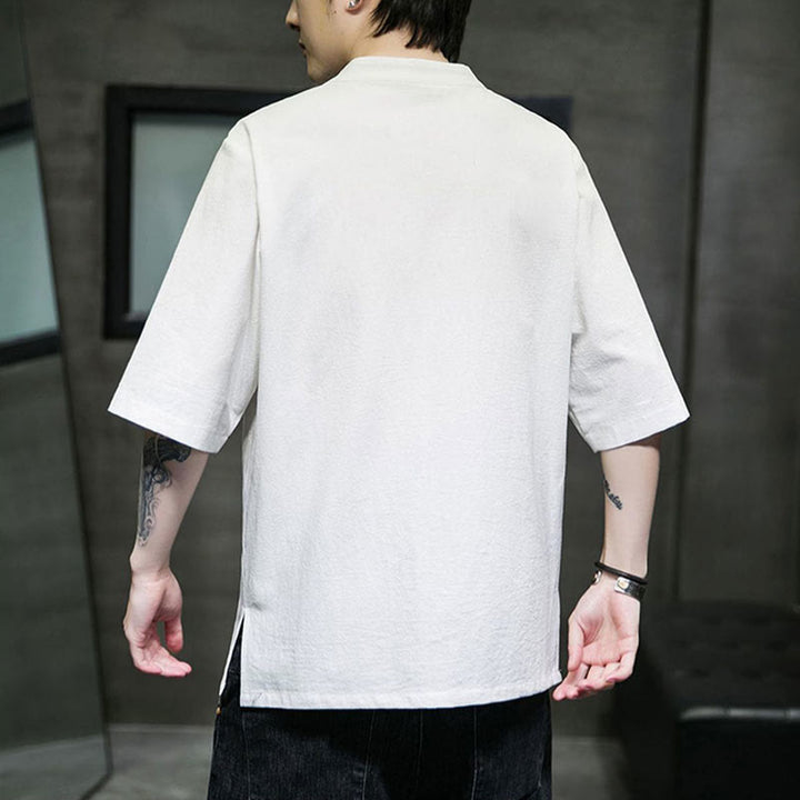 Chemise en coton à manches courtes pour homme avec broderie de boutons de grenouille et Buddha Stones - image 18