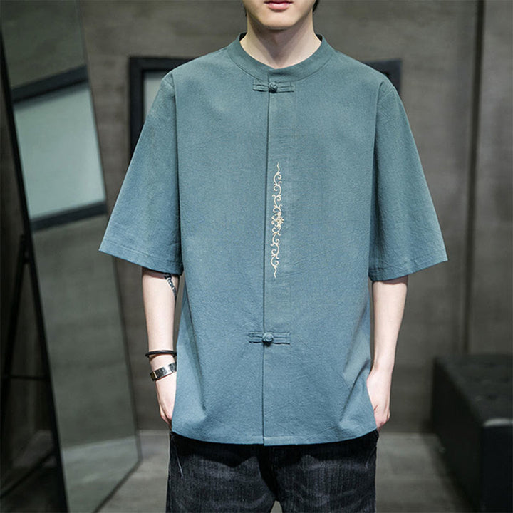 Chemise en coton à manches courtes pour homme avec broderie de boutons de grenouille et Buddha Stones - Turquoise - US/UK/AU46，EU56 (5XL) - image 0