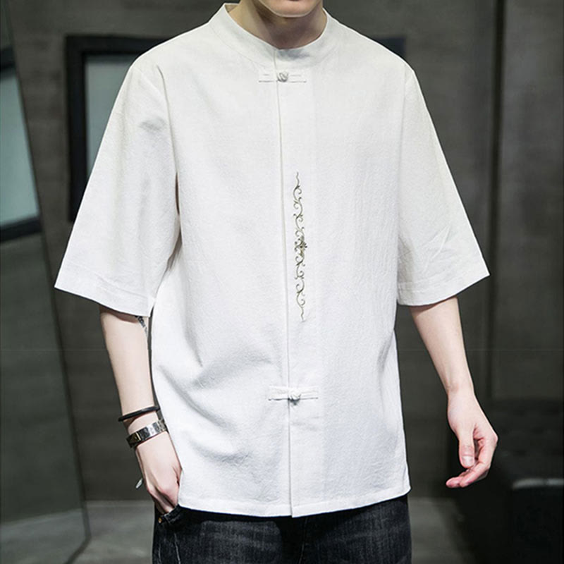 Chemise en coton à manches courtes pour homme avec broderie de boutons de grenouille et Buddha Stones - image 19