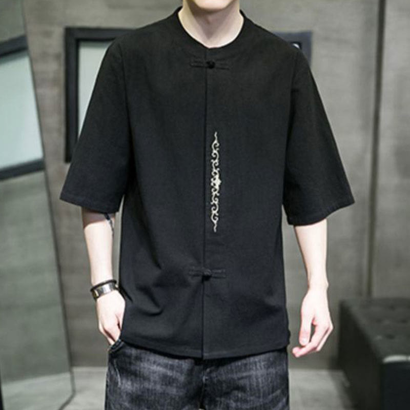 Chemise en coton à manches courtes pour homme avec broderie de boutons de grenouille et Buddha Stones - image 13