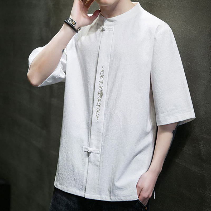 Chemise en coton à manches courtes pour homme avec broderie de boutons de grenouille et Buddha Stones - image 21