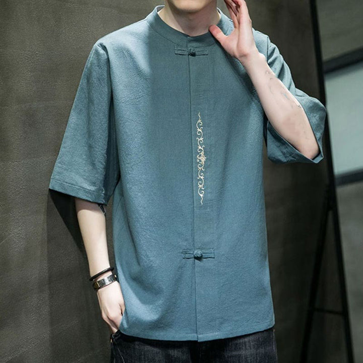 Chemise en coton à manches courtes pour homme avec broderie de boutons de grenouille et Buddha Stones - image 5