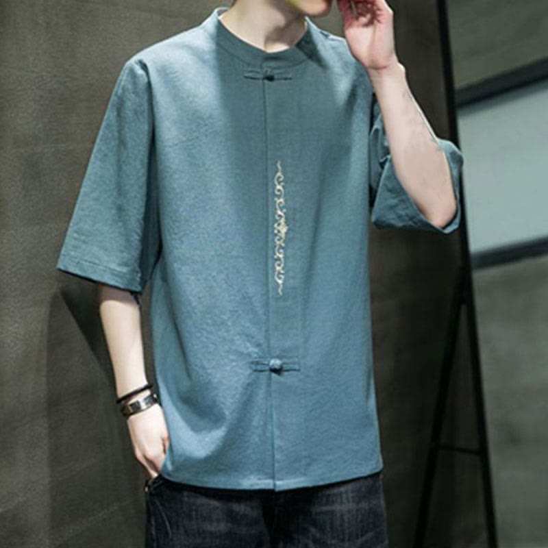 Chemise en coton à manches courtes pour homme avec broderie de boutons de grenouille et Buddha Stones - image 1