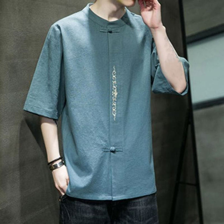 Chemise en coton à manches courtes pour homme avec broderie de boutons de grenouille et Buddha Stones - image 1