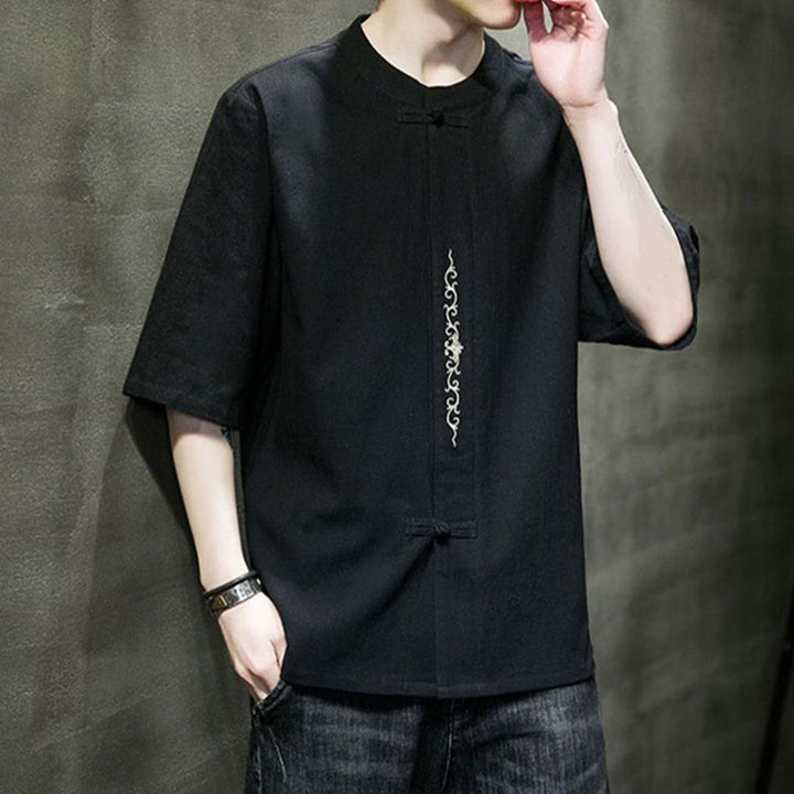 Chemise en coton à manches courtes pour homme avec broderie de boutons de grenouille et Buddha Stones - image 10