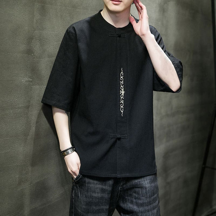 Chemise en coton à manches courtes pour homme avec broderie de boutons de grenouille et Buddha Stones - image 14