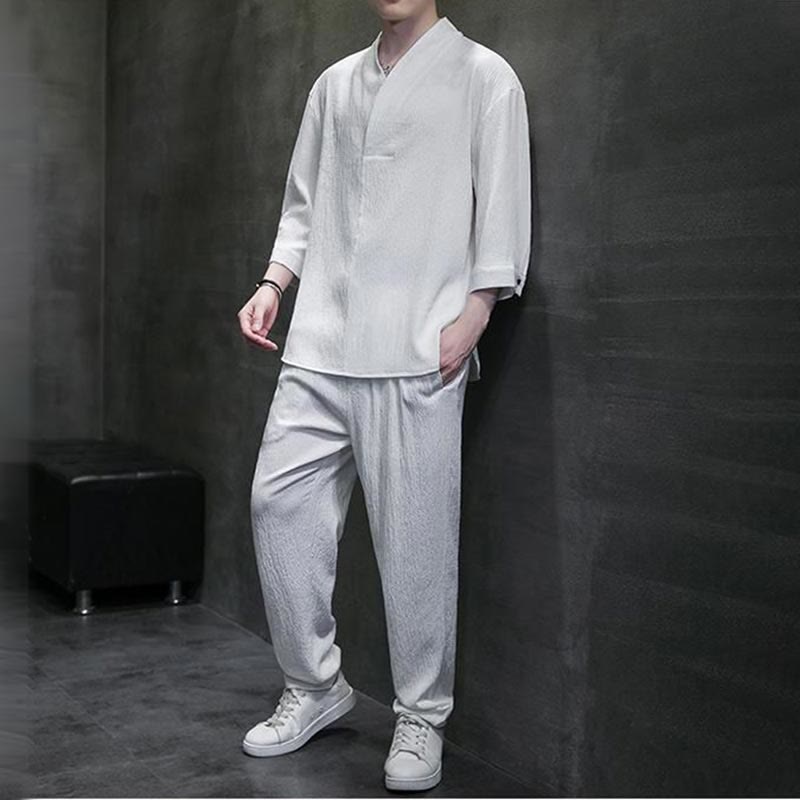 Chemise à manches trois-quarts à col en V de couleur unie Buddha Stones, pantalon décontracté, vêtements pour hommes - image 6