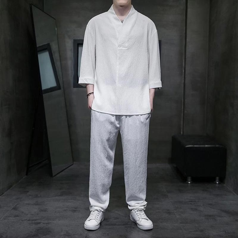 Chemise à manches trois-quarts à col en V de couleur unie Buddha Stones, pantalon décontracté, vêtements pour hommes - Blanc - US/UK/AU44，EU54 (4XL) - image 0