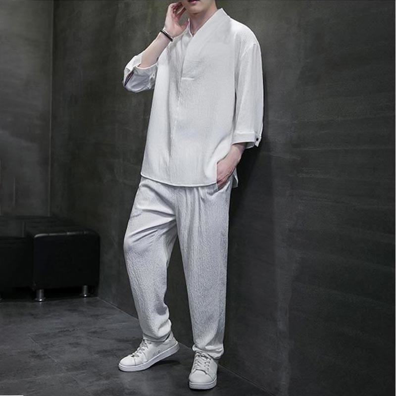 Chemise à manches trois-quarts à col en V de couleur unie Buddha Stones, pantalon décontracté, vêtements pour hommes - image 3