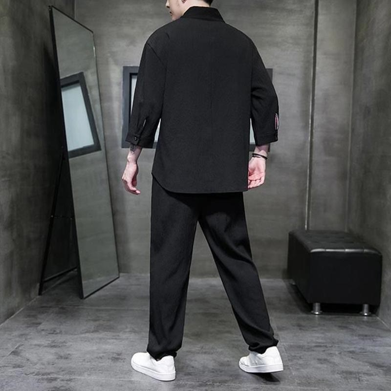 Chemise à manches trois-quarts à col en V de couleur unie Buddha Stones, pantalon décontracté, vêtements pour hommes - image 9