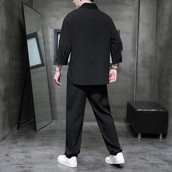 Chemise à manches trois-quarts à col en V de couleur unie Buddha Stones, pantalon décontracté, vêtements pour hommes - image 9