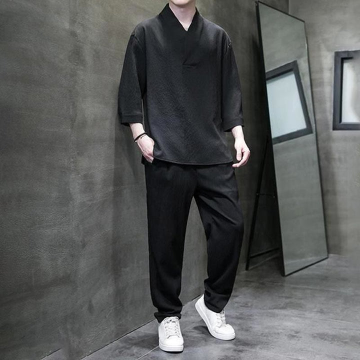 Chemise à manches trois-quarts à col en V de couleur unie Buddha Stones, pantalon décontracté, vêtements pour hommes - image 17