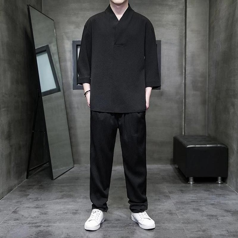 Chemise à manches trois-quarts à col en V de couleur unie Buddha Stones, pantalon décontracté, vêtements pour hommes - Noir - US/UK/AU44，EU54 (4XL) - image 7