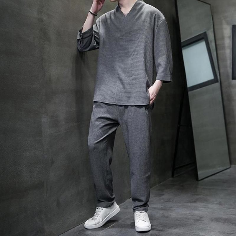 Chemise à manches trois-quarts à col en V de couleur unie Buddha Stones, pantalon décontracté, vêtements pour hommes - image 21