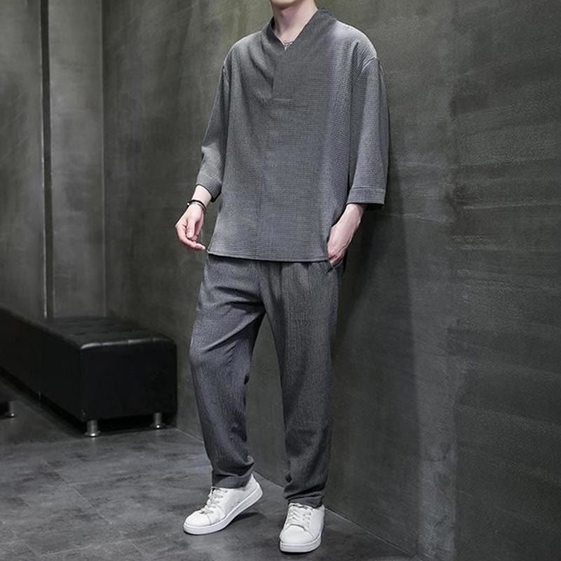 Chemise à manches trois-quarts à col en V de couleur unie Buddha Stones, pantalon décontracté, vêtements pour hommes - image 22