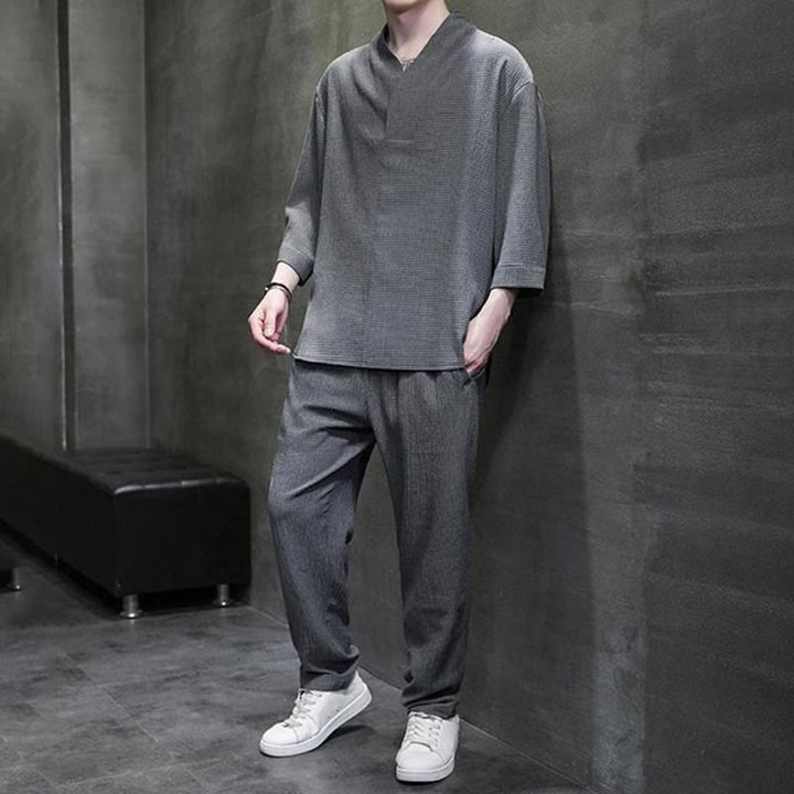 Chemise à manches trois-quarts à col en V de couleur unie Buddha Stones, pantalon décontracté, vêtements pour hommes - image 22