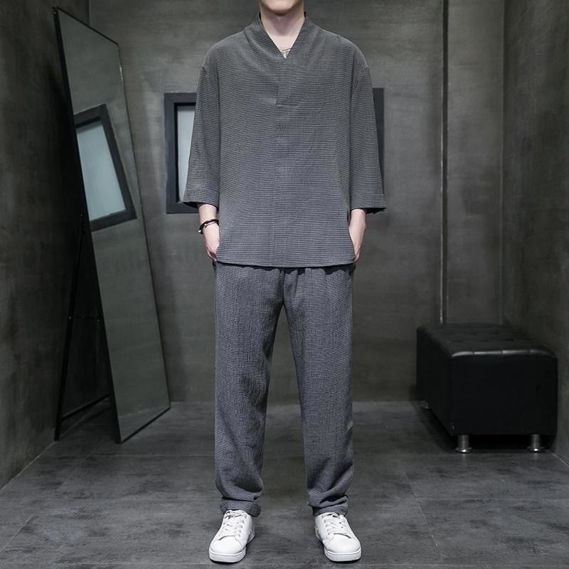 Chemise à manches trois-quarts à col en V de couleur unie Buddha Stones, pantalon décontracté, vêtements pour hommes - Gris foncé - US/UK/AU44，EU54 (4XL) - image 18