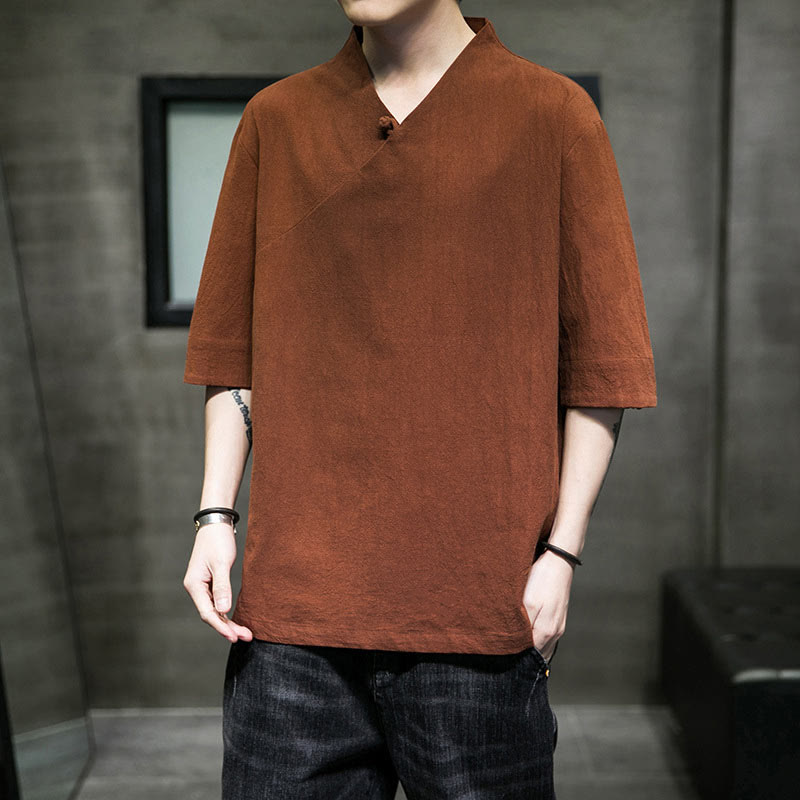 Chemise en coton à manches courtes et col en V pour homme avec Buddha Stones - Pérou - 5XL(convient aux tailles USUK/AU46 ; EU56) - image 1