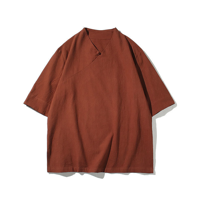 Chemise en coton à manches courtes et col en V pour homme avec Buddha Stones - image 4