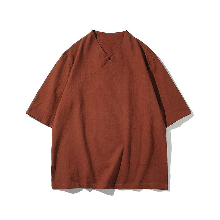 Chemise en coton à manches courtes et col en V pour homme avec Buddha Stones - image 4