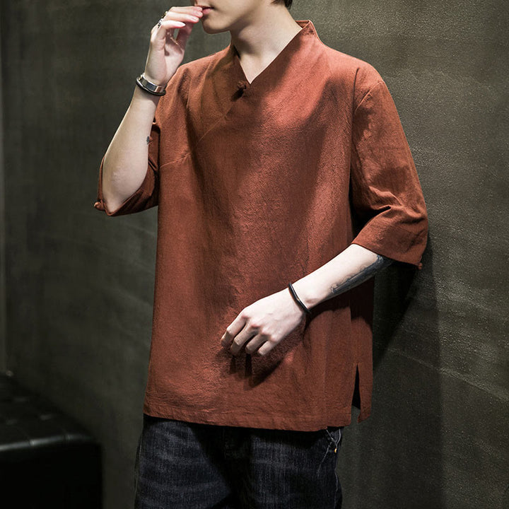 Chemise en coton à manches courtes et col en V pour homme avec Buddha Stones - image 3