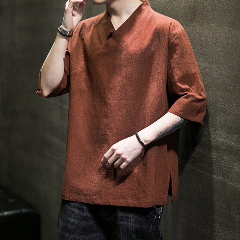 Chemise en coton à manches courtes et col en V pour homme avec Buddha Stones - image 6