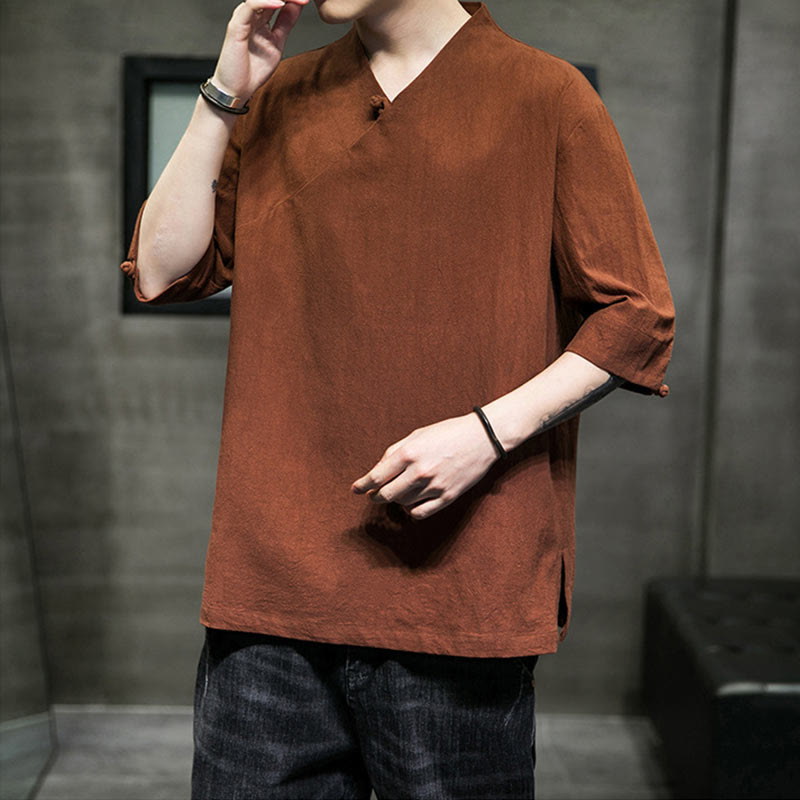 Chemise en coton à manches courtes et col en V pour homme avec Buddha Stones - image 7