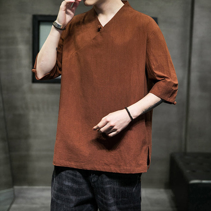 Chemise en coton à manches courtes et col en V pour homme avec Buddha Stones - image 7