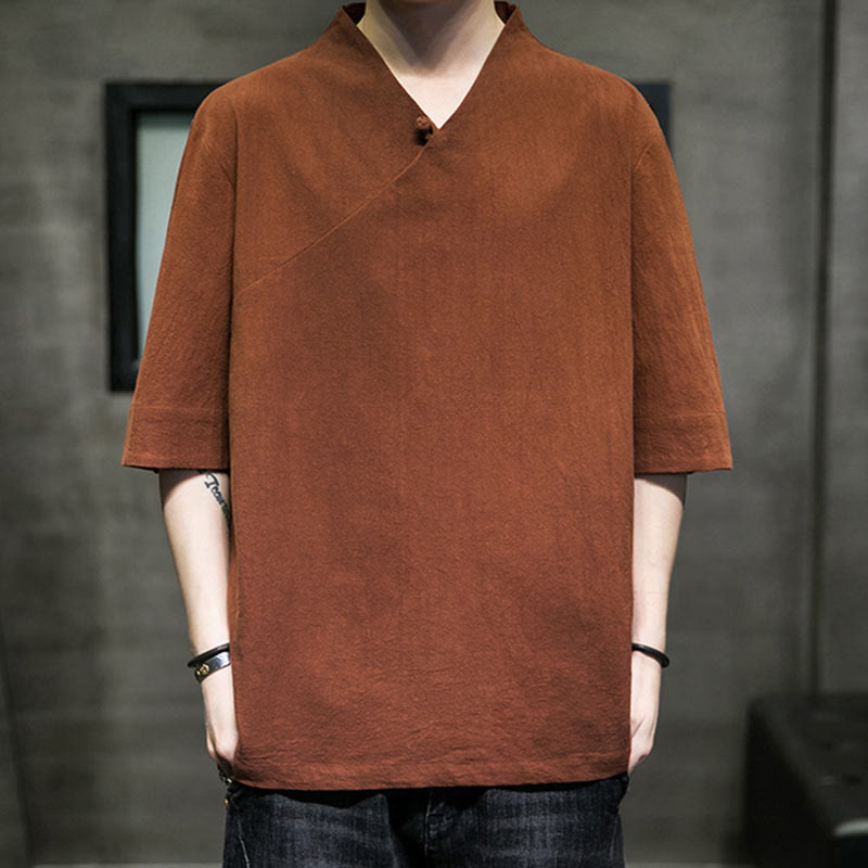 Chemise en coton à manches courtes et col en V pour homme avec Buddha Stones - image 1