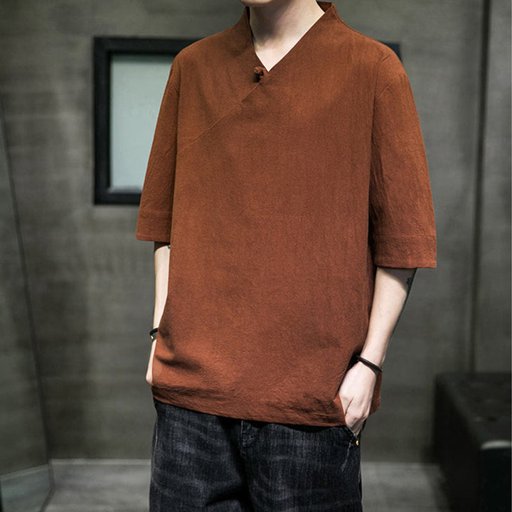 Chemise en coton à manches courtes et col en V pour homme avec Buddha Stones - image 10