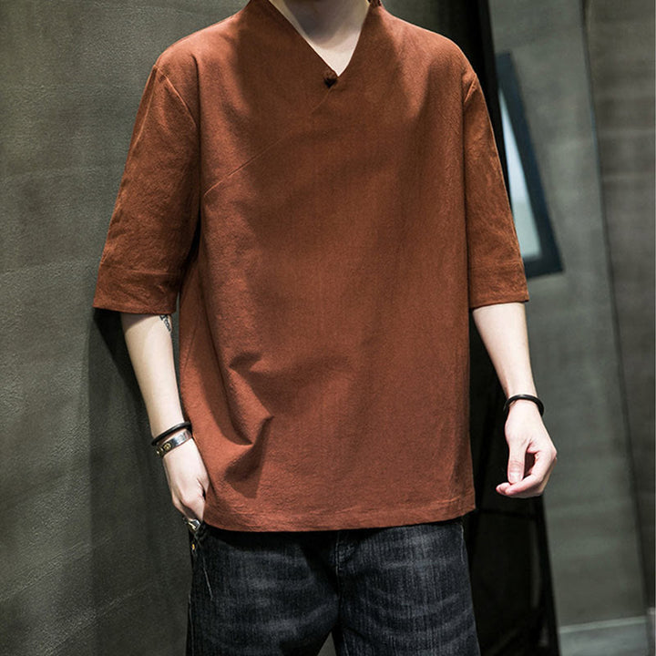 Chemise en coton à manches courtes et col en V pour homme avec Buddha Stones - image 8