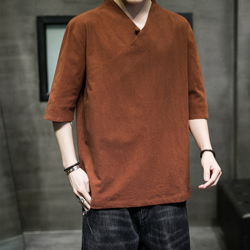 Chemise en coton à manches courtes et col en V pour homme avec Buddha Stones - image 2