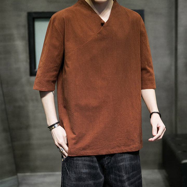 Chemise en coton à manches courtes et col en V pour homme avec Buddha Stones - image 2