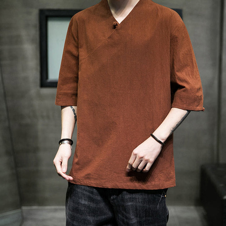 Chemise en coton à manches courtes et col en V pour homme avec Buddha Stones - image 10