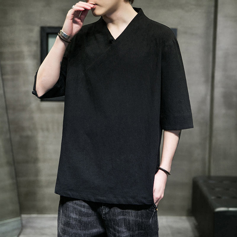 Chemise en coton à manches courtes et col en V pour homme avec Buddha Stones - image 15