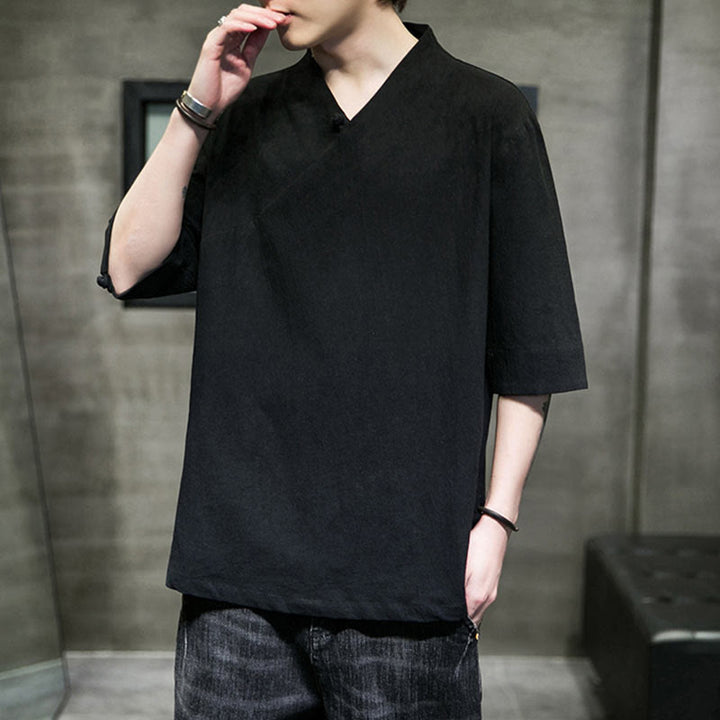 Chemise en coton à manches courtes et col en V pour homme avec Buddha Stones - image 15