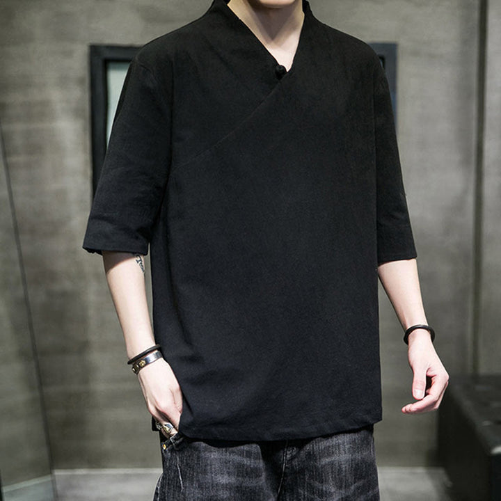 Chemise en coton à manches courtes et col en V pour homme avec Buddha Stones - image 13