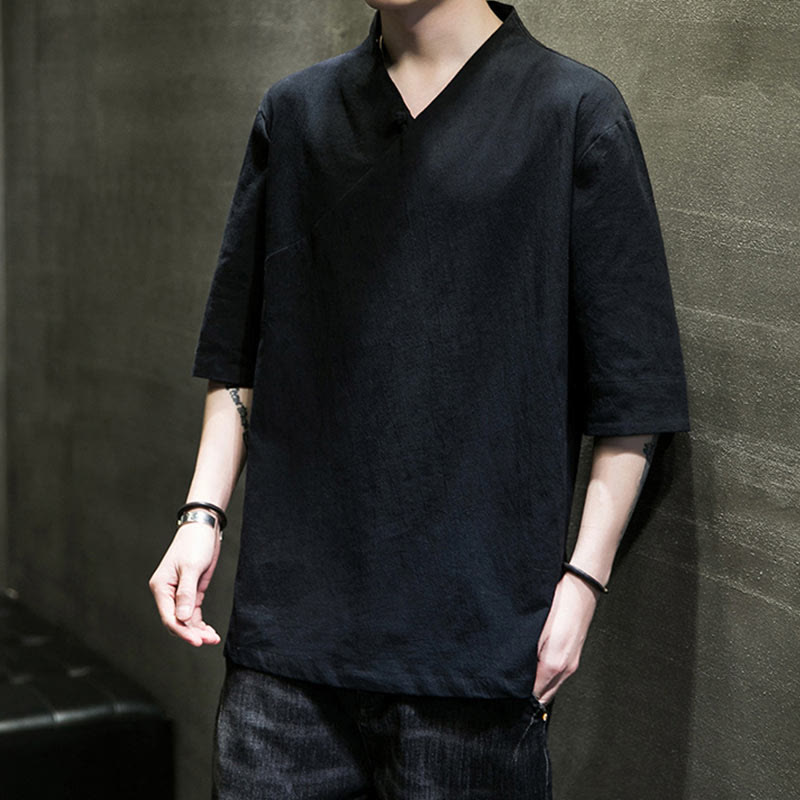 Chemise en coton à manches courtes et col en V pour homme avec Buddha Stones - image 16