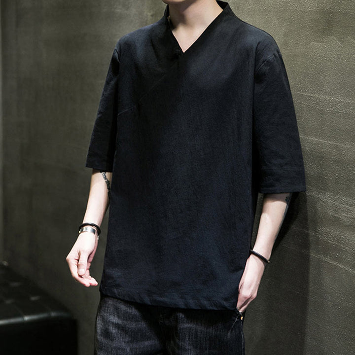 Chemise en coton à manches courtes et col en V pour homme avec Buddha Stones - image 16