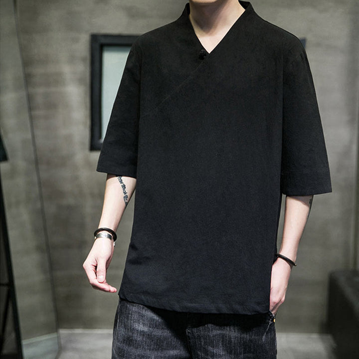 Chemise en coton à manches courtes et col en V pour homme avec Buddha Stones - Noir - 5XL(convient aux tailles USUK/AU46 ; EU56) - image 12