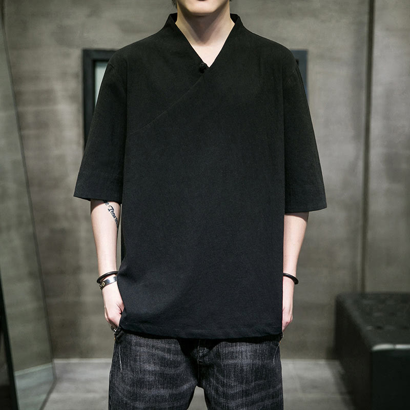 Chemise en coton à manches courtes et col en V pour homme avec Buddha Stones - image 14