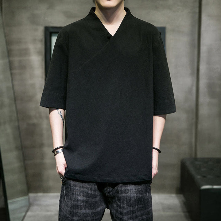 Chemise en coton à manches courtes et col en V pour homme avec Buddha Stones - image 14