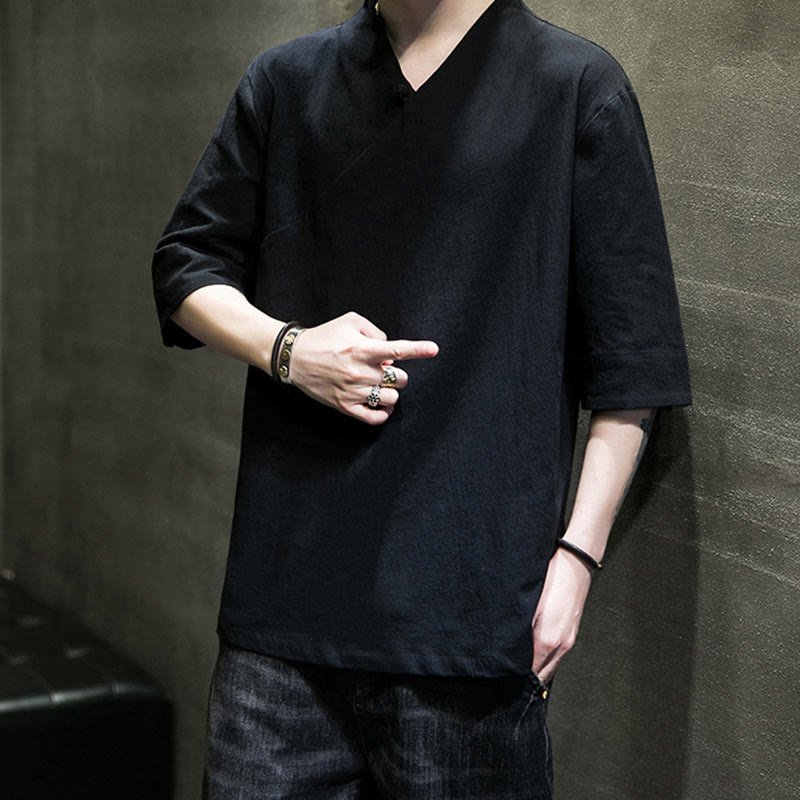 Chemise en coton à manches courtes et col en V pour homme avec Buddha Stones - image 18