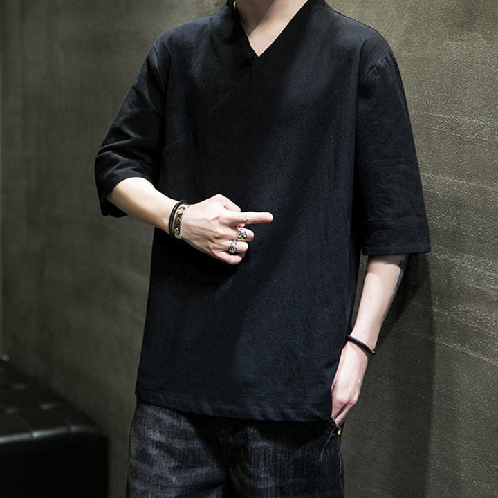 Chemise en coton à manches courtes et col en V pour homme avec Buddha Stones - image 18