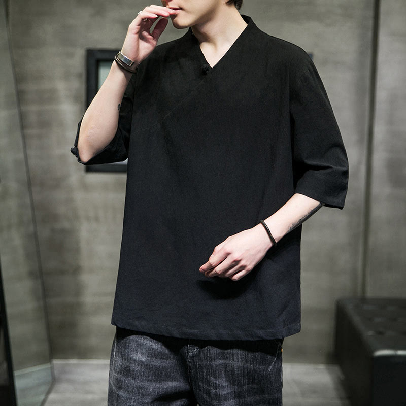 Chemise en coton à manches courtes et col en V pour homme avec Buddha Stones - image 17