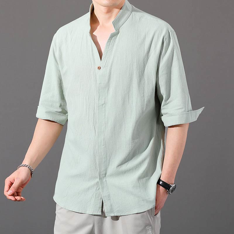 Chemise d'été en coton à manches mi-longues et boutons Buddha Stones pour hommes
